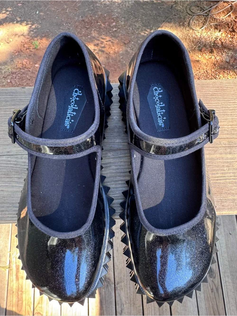 Choclaticas Black Cobra Patent Platform Mary Janes with Geometric Stud Sole